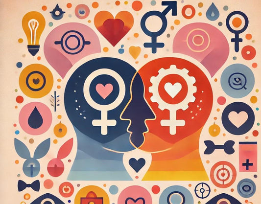 Colorful illustration of male and female symbols with hearts, gears, and romantic icons for adult intimacy themes