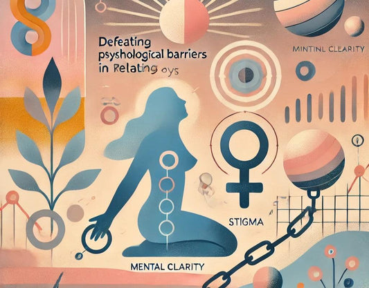 Illustration of woman silhouette with female symbol, chains, and mental clarity text for adult wellness