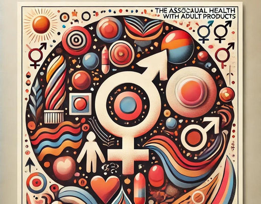 Colorful abstract art with gender symbols, hearts, and adult product icons for sexual wellness