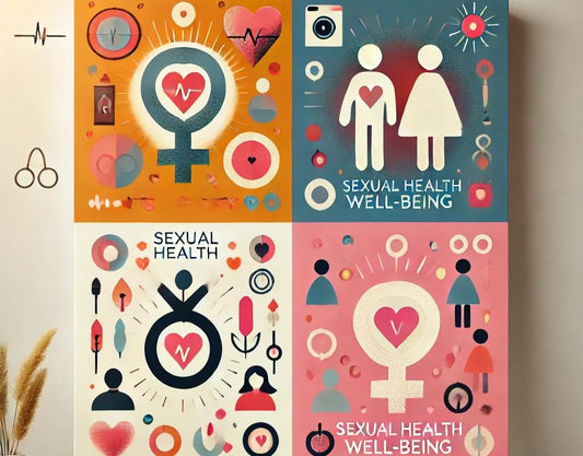 Sexual health and well-being infographic with gender symbols, hearts, and wellness icons