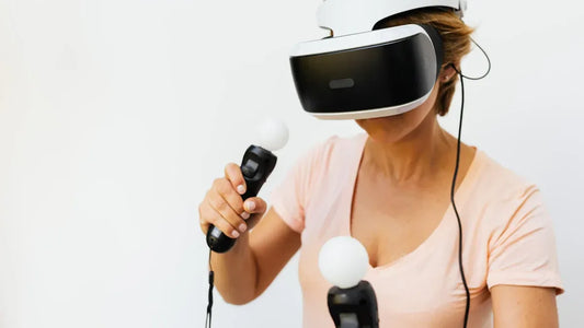 Woman using VR headset and controllers for immersive virtual reality experience