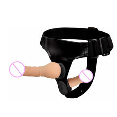 Cinturón femenino con consolador doble y arnés sexual con forma de pene para mujer. Juguetes sexuales para adultos para la penetración anal y el orgasmo lésbico.