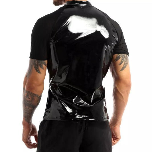 Men's Sexy Shiny Leather T-Shirt – Erotic Wetlook PVC & Metallic Latex Coat Jacket - Passion Pulse Adult