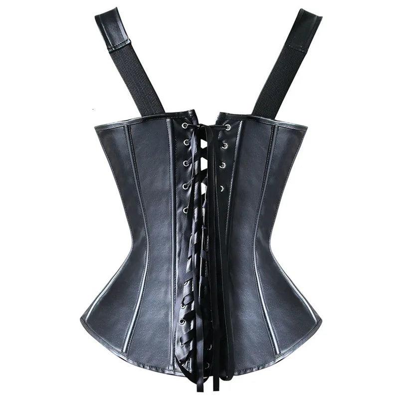 Faux Leather Harness Overbust Corset – Buckled Waist Trainer Steampunk Bustier Vest for Women - Passion Pulse Adult
