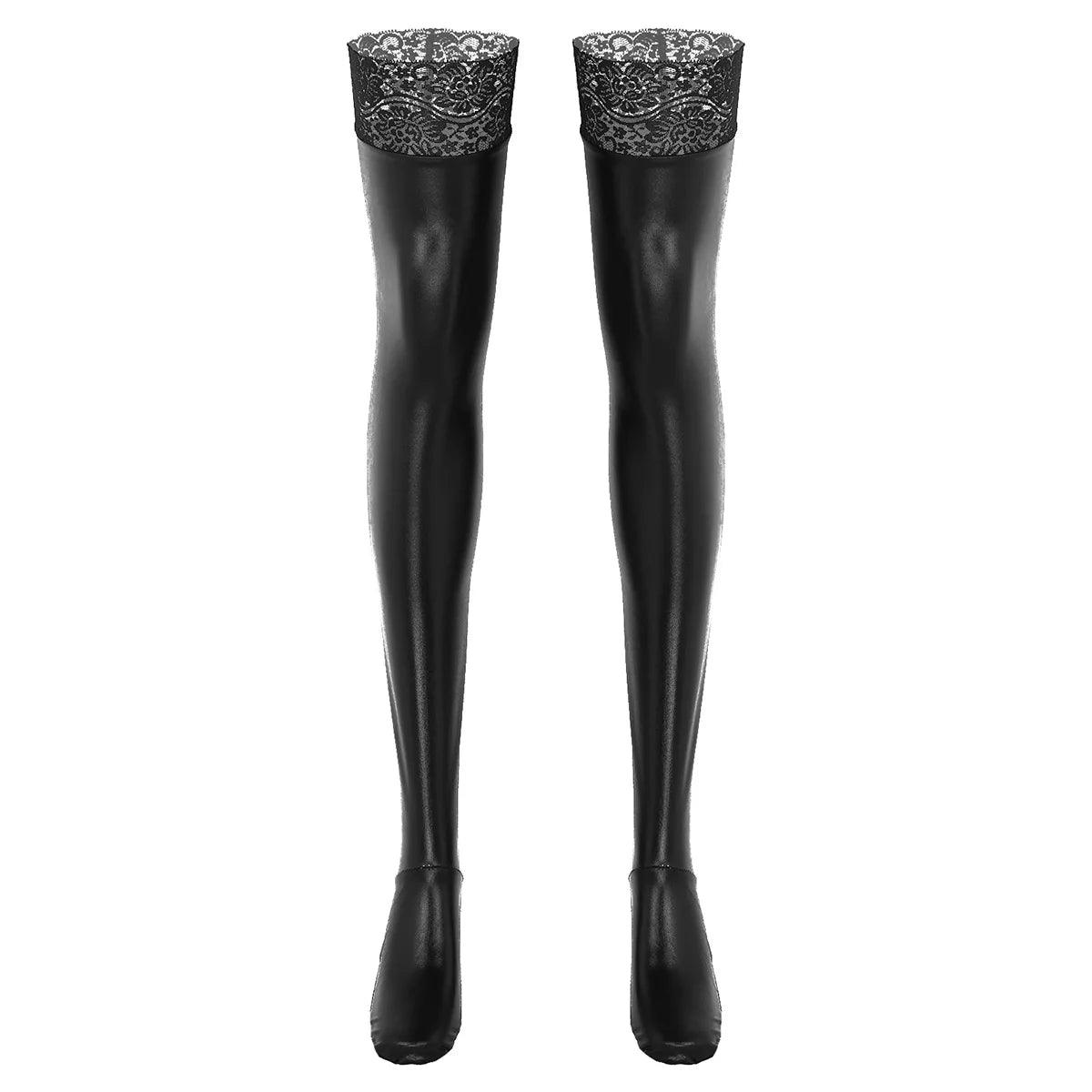 Wet Look Faux Leather Thigh-High Stockings - Passion Pulse Adult
