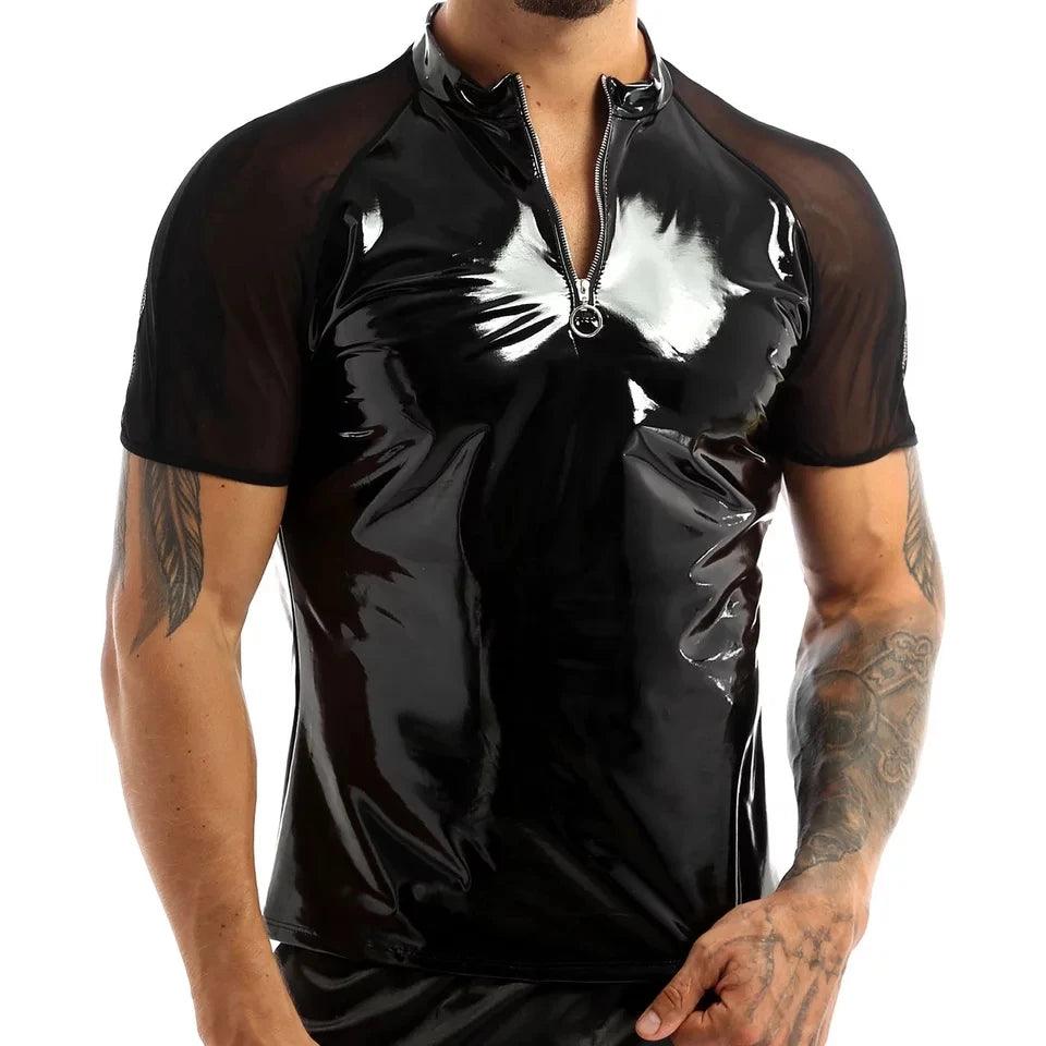 Men's Sexy Shiny Leather T-Shirt – Erotic Wetlook PVC & Metallic Latex Coat Jacket - Passion Pulse Adult