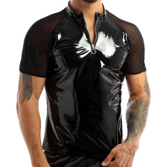 Men's Sexy Shiny Leather T-Shirt – Erotic Wetlook PVC & Metallic Latex Coat Jacket - Passion Pulse Adult