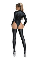 Sexy Wetlook Faux Leather Catsuit – Open Crotch PVC Latex Bodysuit with Stockings - Passion Pulse Adult