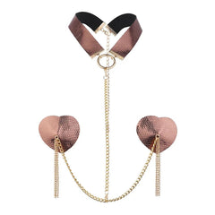 Heart Tassel Leather Nipple Covers with Chain & Choker - Passion Pulse Adult