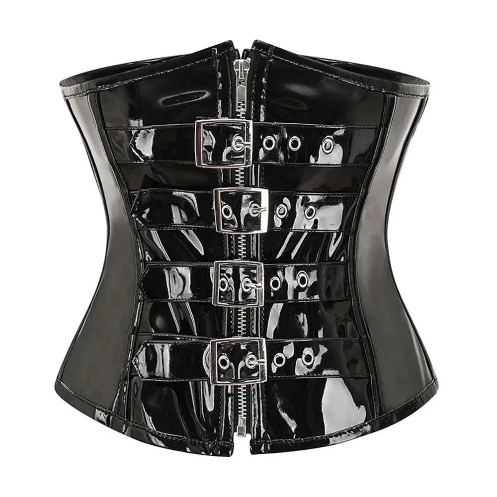 PU Leather Corset Top – Shiny PVC Steampunk Gothic Underbust Waist Cincher for Women - Passion Pulse Adult