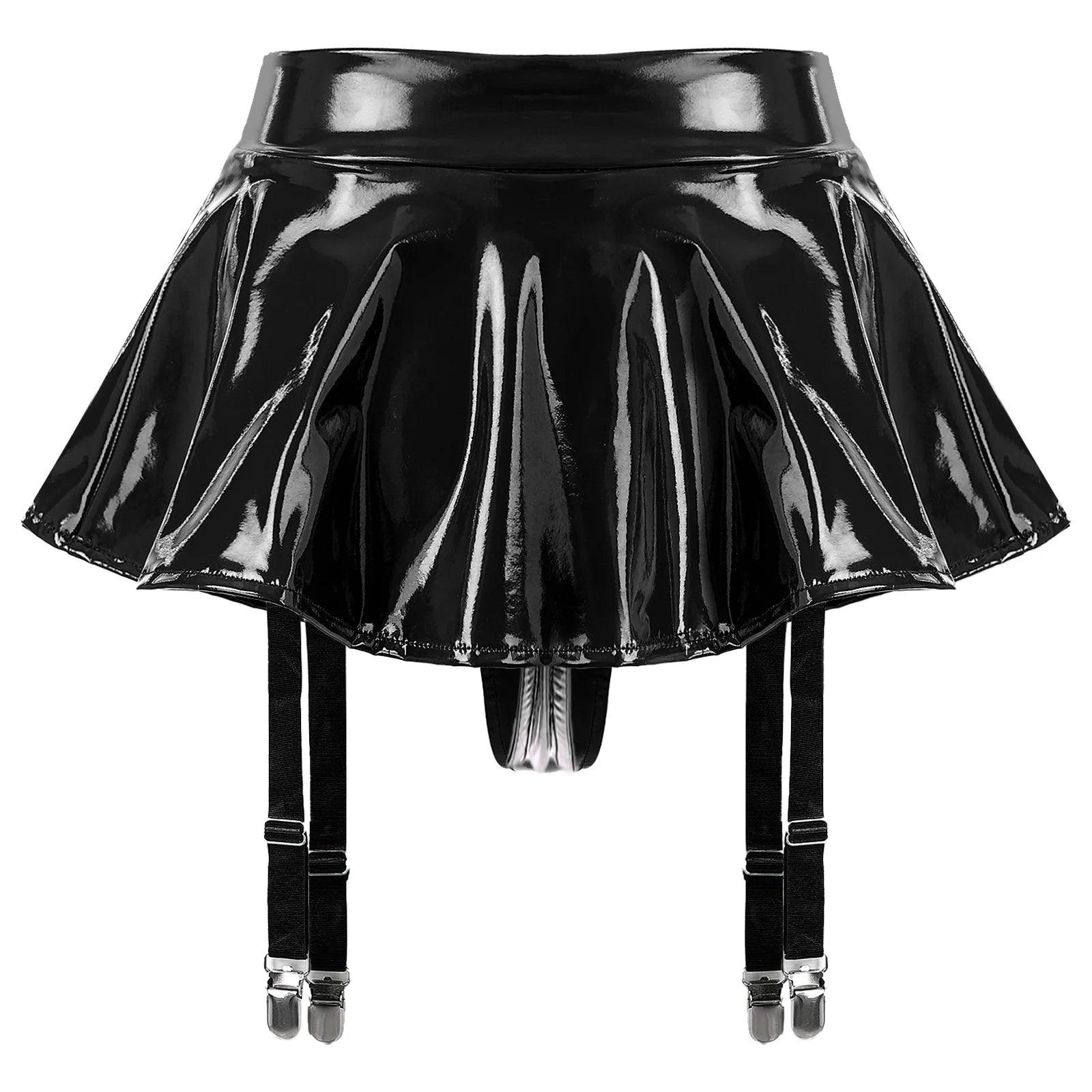 Wet Look Mini Skirt with Garter & Thong - Passion Pulse Adult