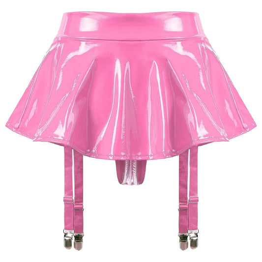 Wet Look Mini Skirt with Garter & Thong - Passion Pulse Adult