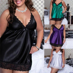 Plus Size Satin Lace Nightgown - V-Neck Sleeveless Sleepwear - Passion Pulse Adult