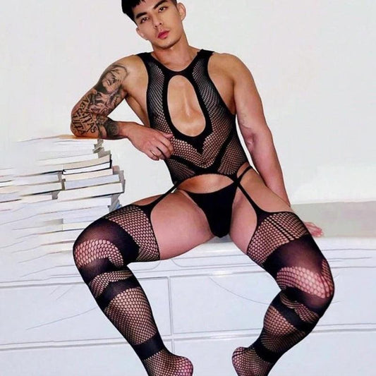 Sexy Men's Pajamas One-Piece – Transparent Crotchless Bodystocking & Erotic Sleeveless Jumpsuit - Passion Pulse Adult