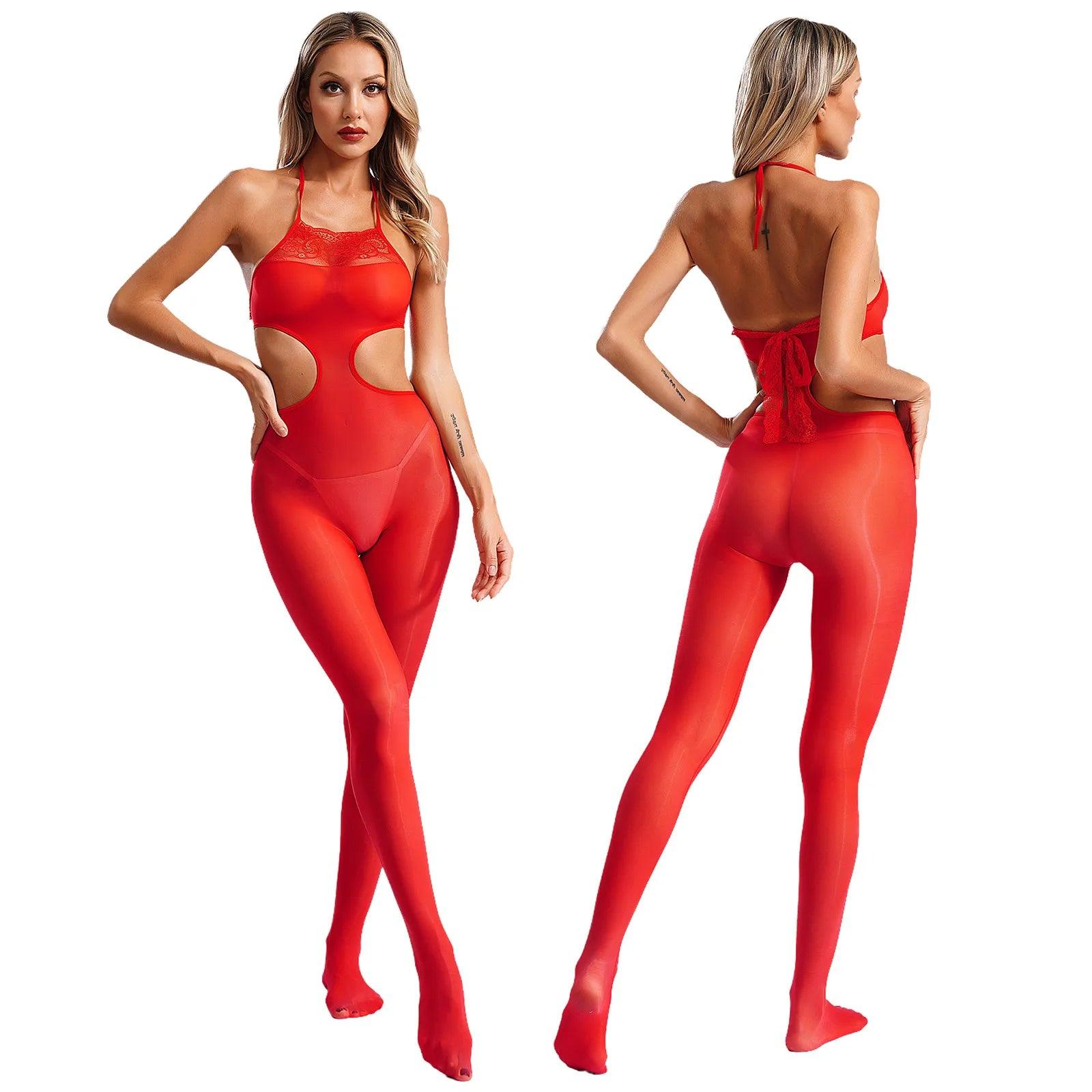 Sissy Women Cutout See-Through Jumpsuit – Lace Trim Halter Neck Bodystocking with Tights - Passion Pulse Adult