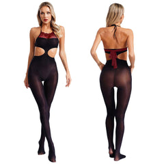 Sissy Women Cutout See-Through Jumpsuit – Lace Trim Halter Neck Bodystocking with Tights - Passion Pulse Adult