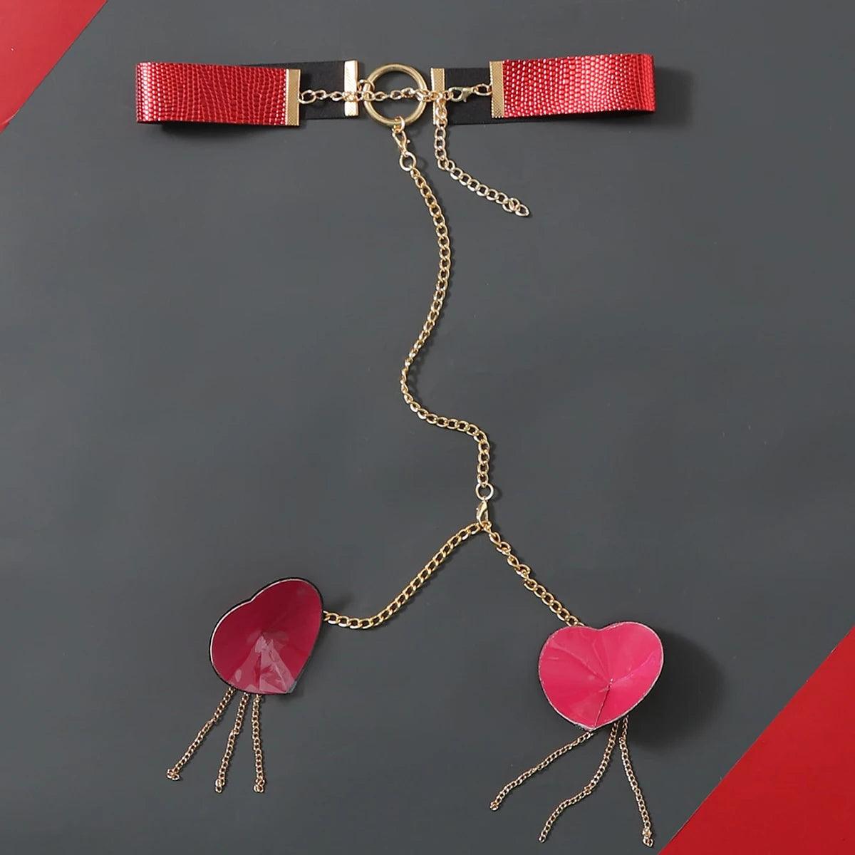 Heart Tassel Leather Nipple Covers with Chain & Choker - Passion Pulse Adult