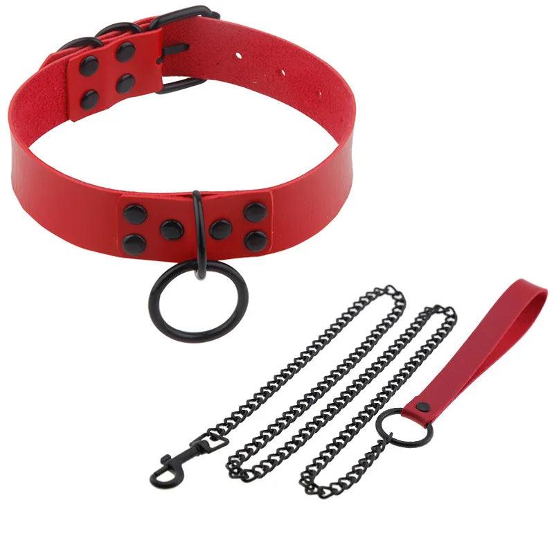 Adjustable BDSM Collar with Leash – Rivet Choker and Steel Chain Set for Couples Roleplay and Bondage Play - Passion Pulse Adult