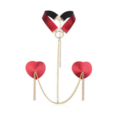 Heart Tassel Leather Nipple Covers with Chain & Choker - Passion Pulse Adult