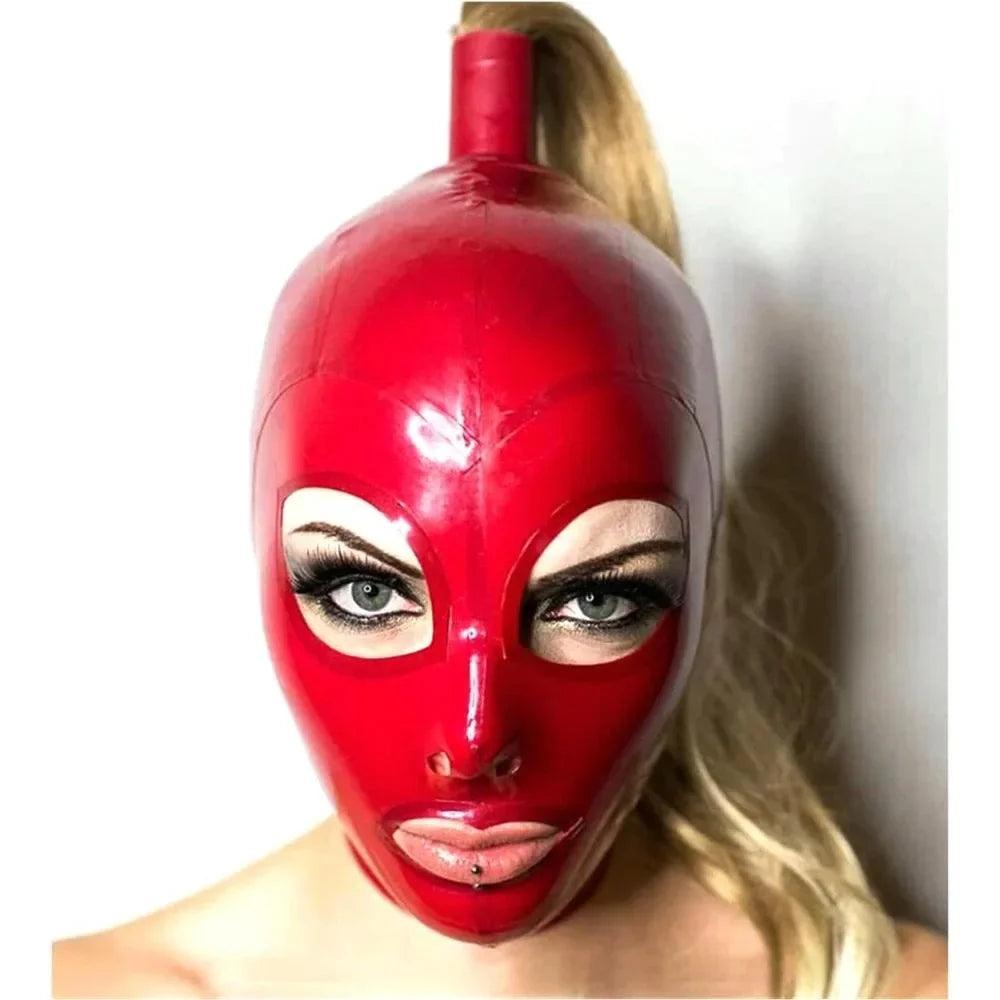 Red Latex Hood with Blonde Ponytail Wig – Full Face Rubber Mask for Cosplay, Clubwear, and Party Costumes - Passion Pulse Adult
