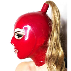 Red Latex Hood with Blonde Ponytail Wig – Full Face Rubber Mask for Cosplay, Clubwear, and Party Costumes - Passion Pulse Adult