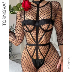 Tornova Sexy Fishnet Lingerie – Hollow Breasts See-Through Jumpsuit for Women - Passion Pulse Adult
