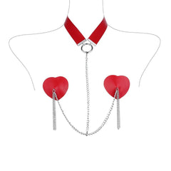 Heart Tassel Leather Nipple Covers with Chain & Choker - Passion Pulse Adult