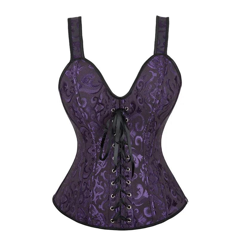 Women’s Floral Jacquard Overbust Corset – Gothic Steampunk Zipper Bustier with Straps - Passion Pulse Adult