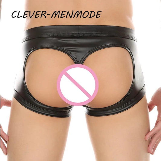 Men's Sexy PU Open Buttocks Boxers – U Convex G-String & Faux Leather Open Back Hip Panties - Passion Pulse Adult