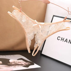 Lace Floral Crotchless G-String Panties with Bow Accent - Passion Pulse Adult