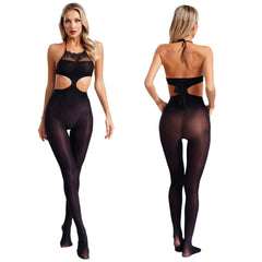 Sissy Women Cutout See-Through Jumpsuit – Lace Trim Halter Neck Bodystocking with Tights - Passion Pulse Adult