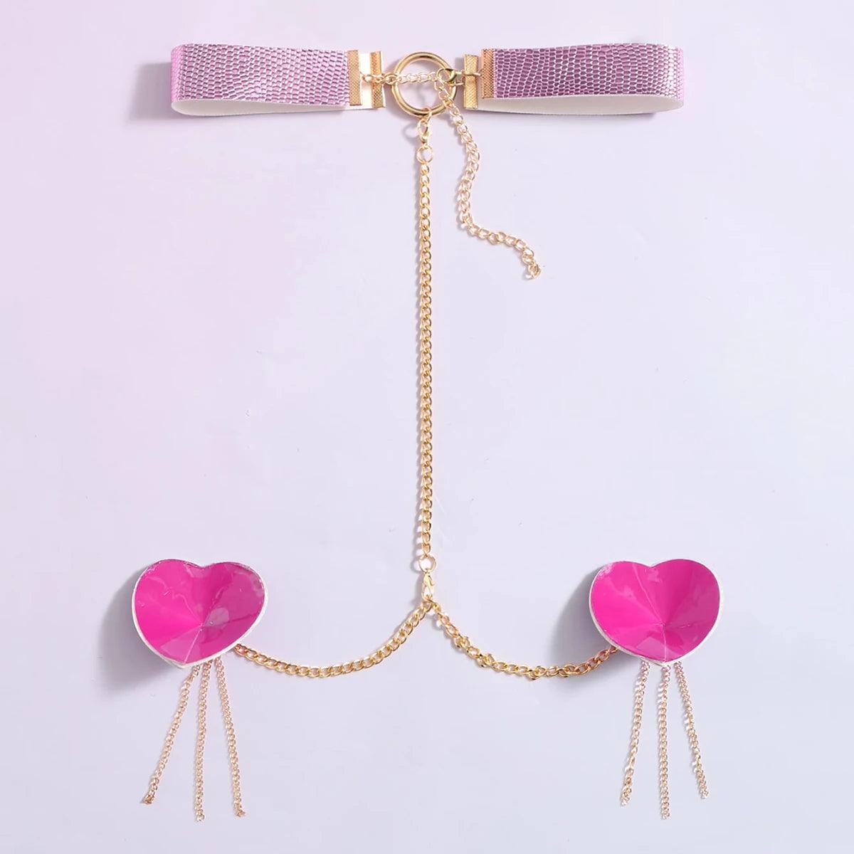 Heart Tassel Leather Nipple Covers with Chain & Choker - Passion Pulse Adult