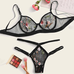 Sexy lingerie lace French sexy embroidery bra set black see-through - Passion Pulse Adult