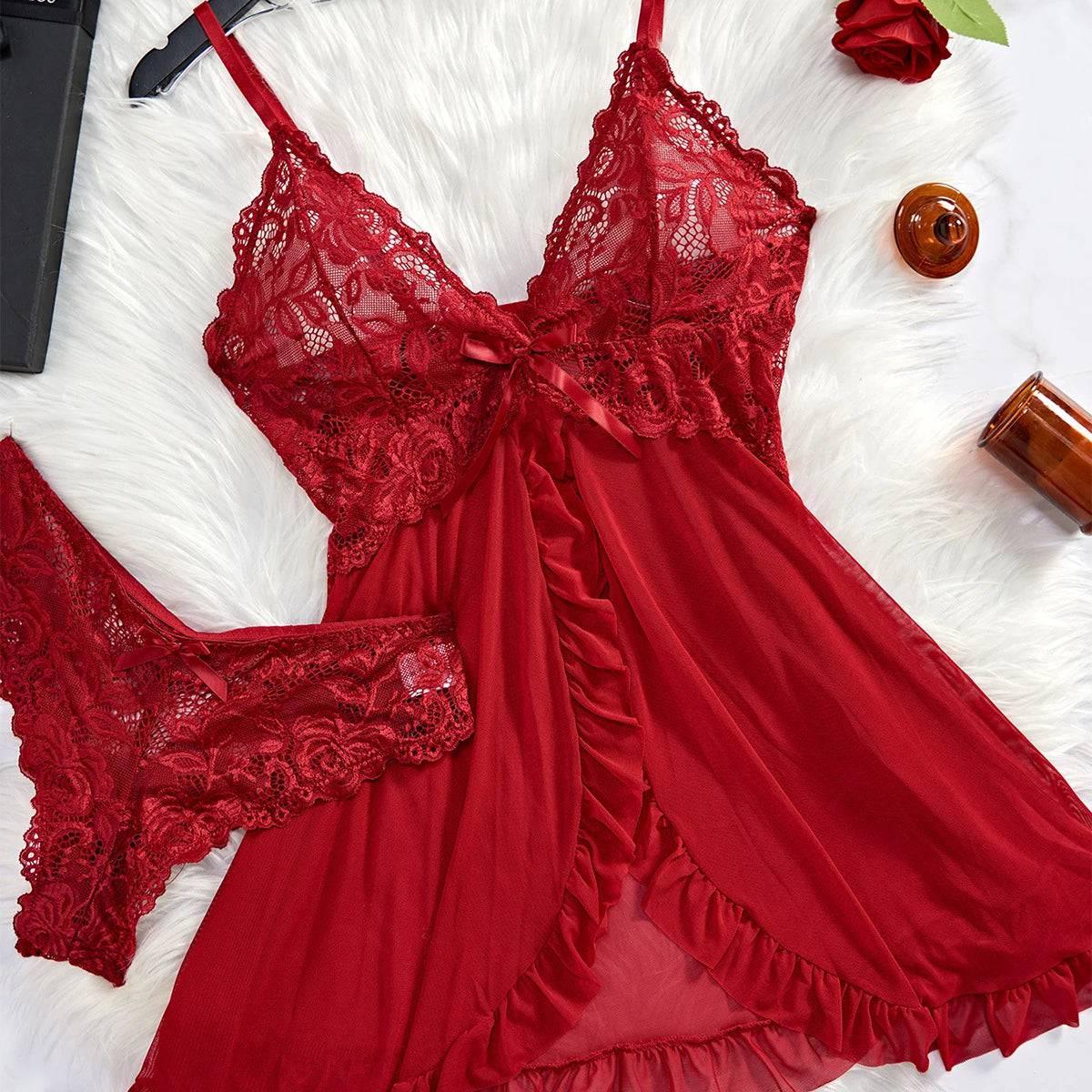 Seductive Red Lace Babydoll Nightdress with Matching Panty - See-Through Sexy Sleepwear - Passion Pulse Adult