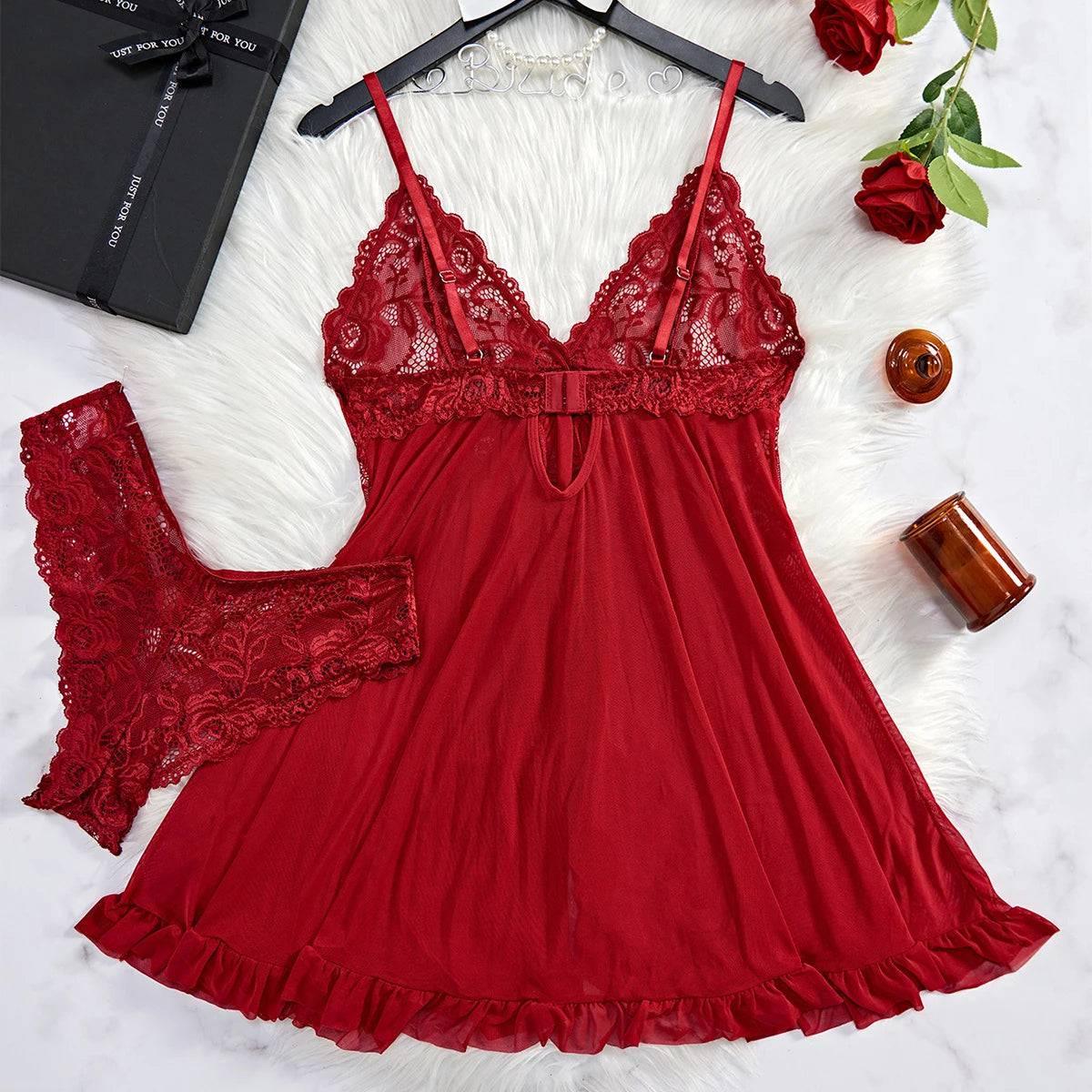 Seductive Red Lace Babydoll Nightdress with Matching Panty - See-Through Sexy Sleepwear - Passion Pulse Adult
