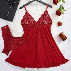 Seductive Red Lace Babydoll Nightdress with Matching Panty - See-Through Sexy Sleepwear - Passion Pulse Adult