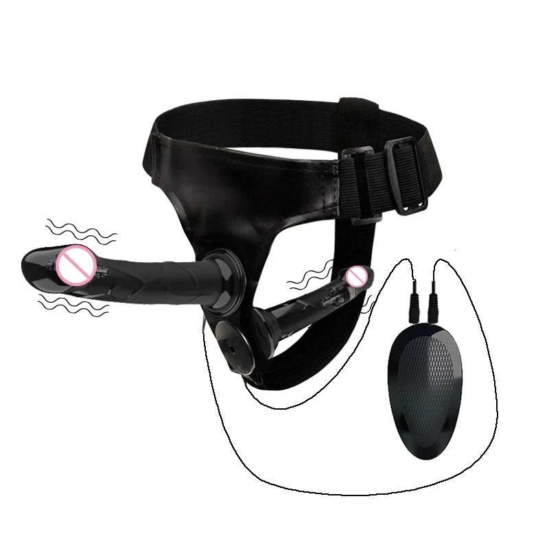 Double Penis Realistic Dildo Vibrator: Ultra Elastic Strap-On Harness for Women - Adult Sex Toy for Lesbians - Passion Pulse Adult