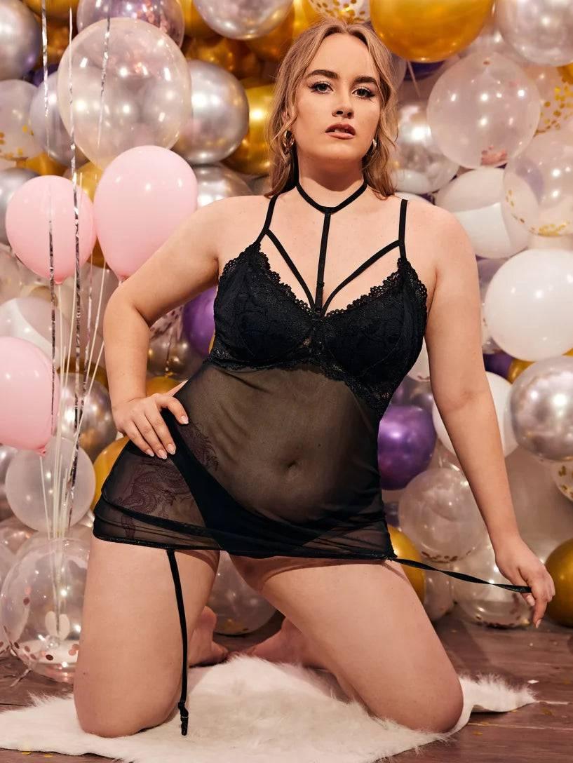 Plus-Size Sheer Lace Lingerie Set with Hollow-Out Design - Deep V Erotic Sleepwear - Passion Pulse Adult