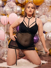 Plus-Size Sheer Lace Lingerie Set with Hollow-Out Design - Deep V Erotic Sleepwear - Passion Pulse Adult