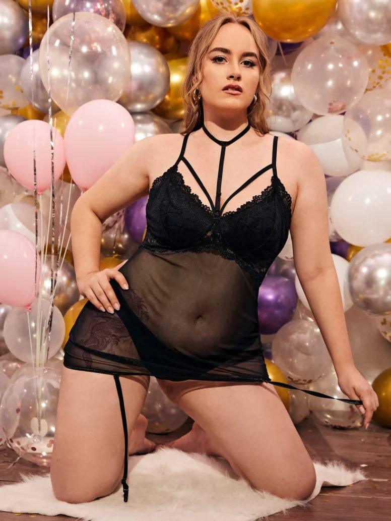 Plus-Size Sheer Lace Lingerie Set with Hollow-Out Design - Deep V Erotic Sleepwear - Passion Pulse Adult