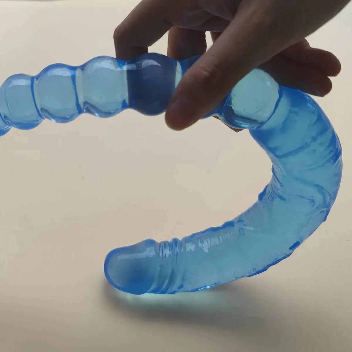 A Blue Transparent, Soft, and Elastic Dual-purpose Female Masturbator with U-shaped Double Dildo Soft Jelly for Same-sex Sex Toy - Passion Pulse Adult