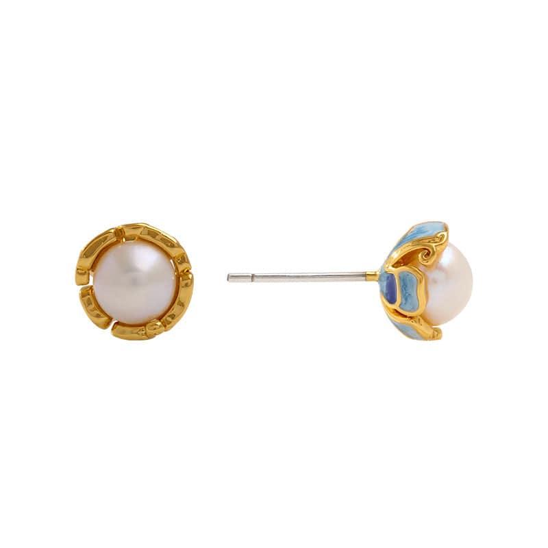 Exquisite Enamel Flower Ear Studs adorned with New Freshwater Pearls - Passion Pulse Adult