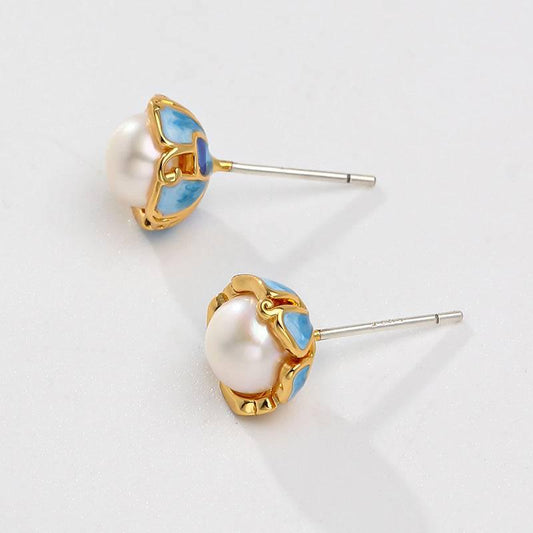 Exquisite Enamel Flower Ear Studs adorned with New Freshwater Pearls - Passion Pulse Adult