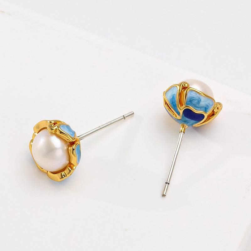 Exquisite Enamel Flower Ear Studs adorned with New Freshwater Pearls - Passion Pulse Adult