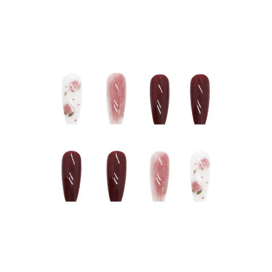 Elegant Burgundy Floral Press-On Nails Set - Passion Pulse Adult