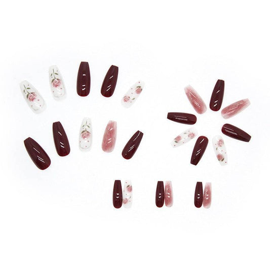 Elegant Burgundy Floral Press-On Nails Set - Passion Pulse Adult