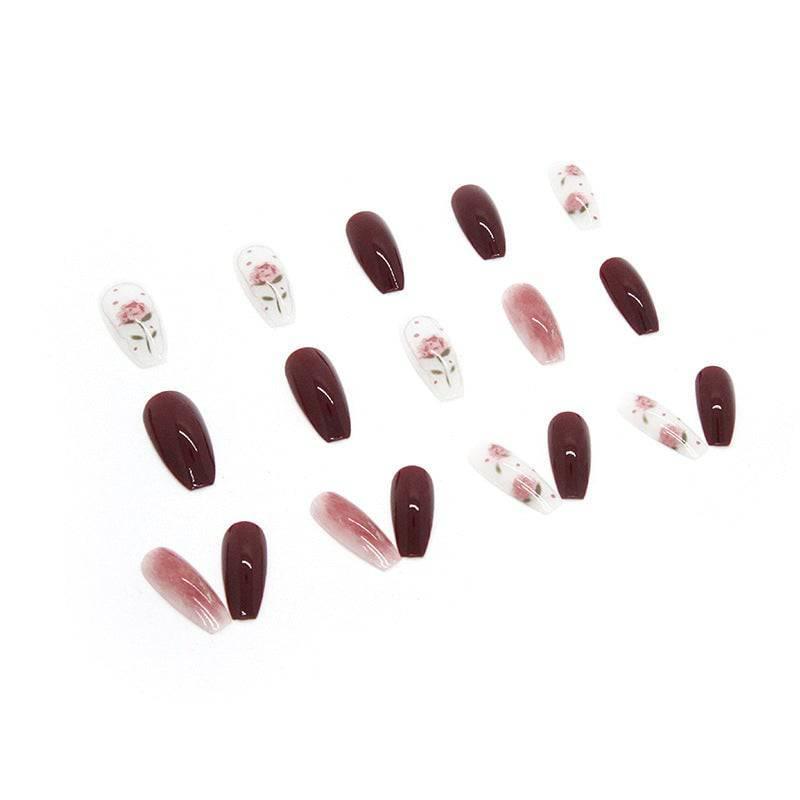 Elegant Burgundy Floral Press-On Nails Set - Passion Pulse Adult