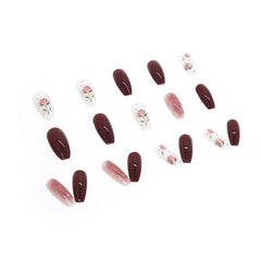 Elegant Burgundy Floral Press-On Nails Set - Passion Pulse Adult
