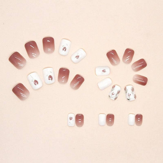 Elegant Floral Design Press-On Nail Set Wearing Short Flowers - Passion Pulse Adult