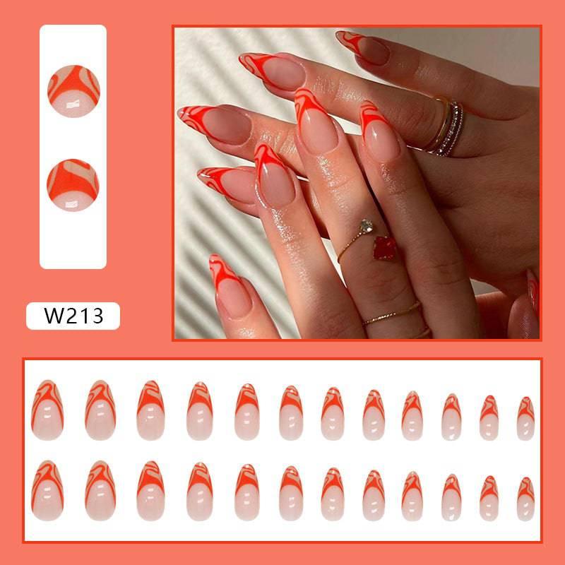Elegant Orange Red French Tip Press-On Nails, Long Stiletto Shape, 24 Piece Set Wearing - Passion Pulse Adult